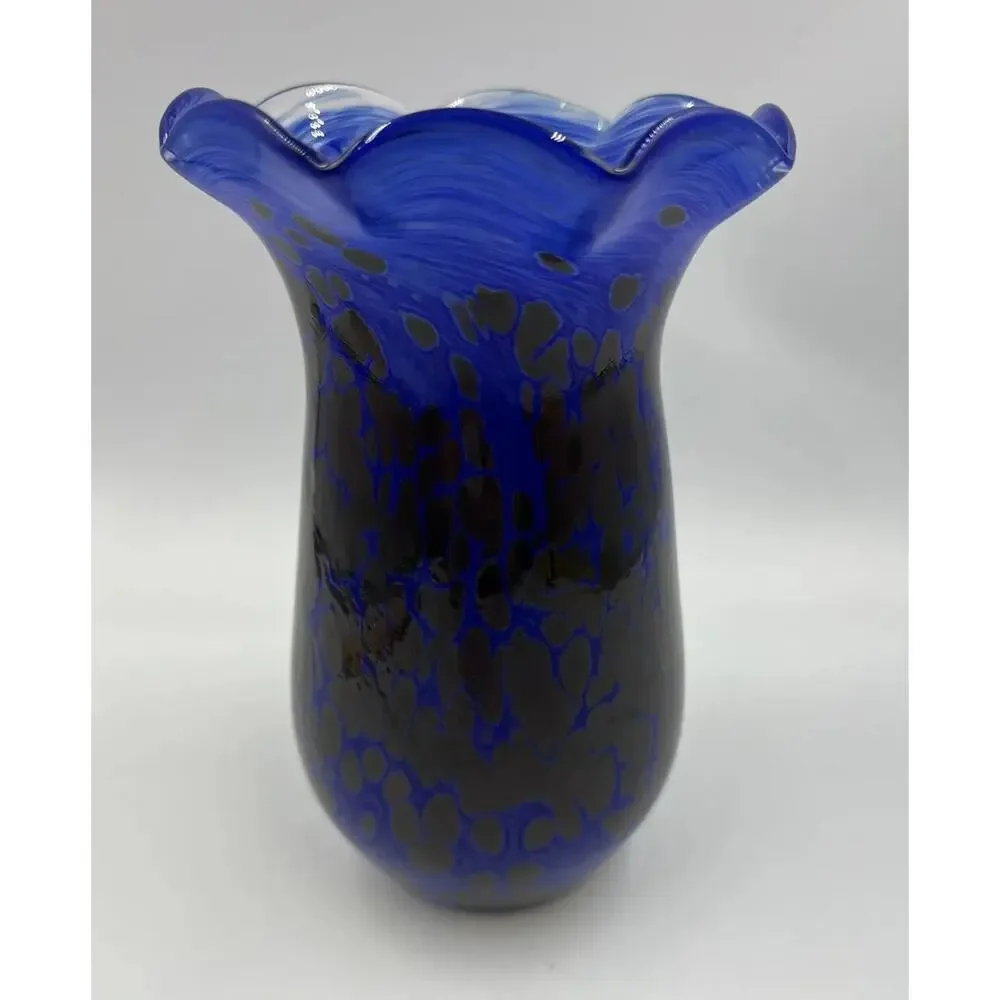 Handblown Art‎ Glass Vase Blue Signed Ruffled